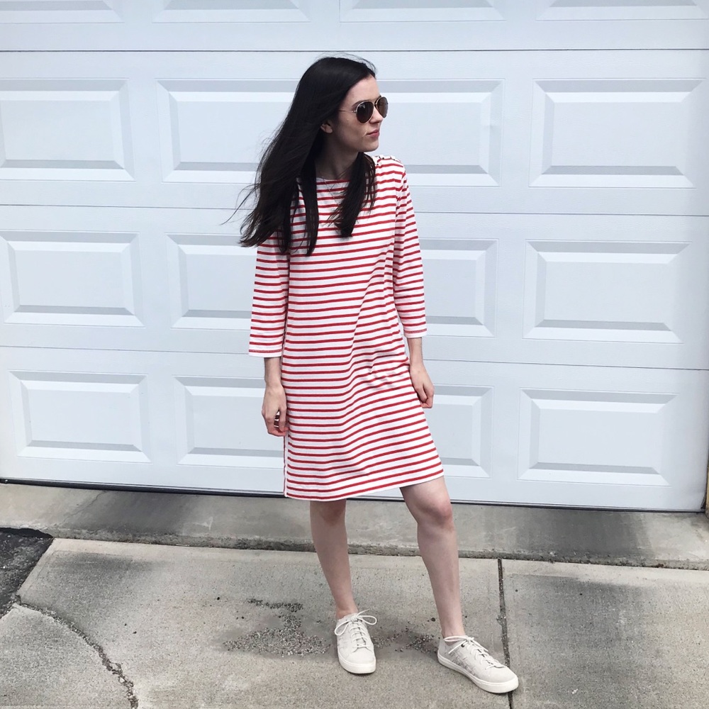 Grey State White Stripe Shift Coastal Dress Medium